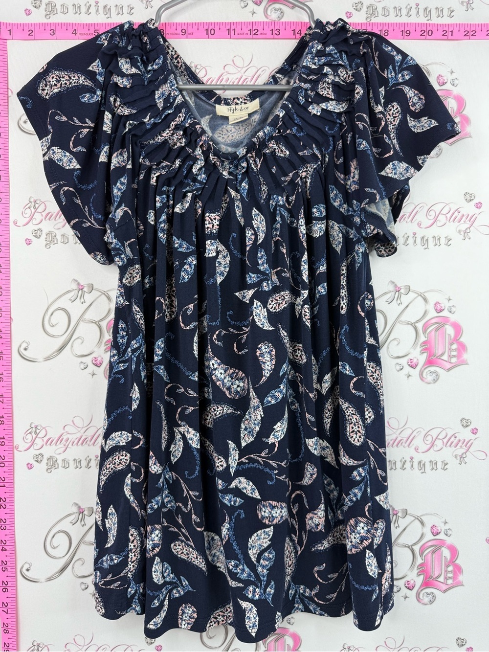 Style & Co. T-shirt Navy Blue Short Sleeve Ruffle Neck Floral Leaf Print Top